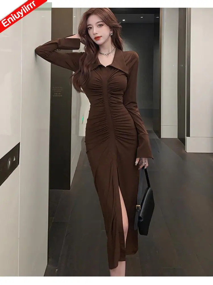 New Year Feminine Vestidos 2022 Women Button Single Breasted Elegant Bodycon bandage Pencil Long Split Slit Sexy Shirt Dress