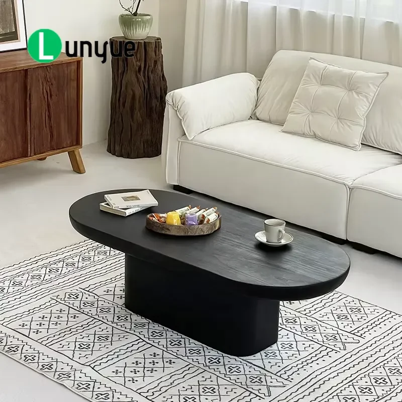 Nordic Modern Black Oval Solid Wood Coffee Table Eco Friendly Durable Small Luxury Living Room Furniture