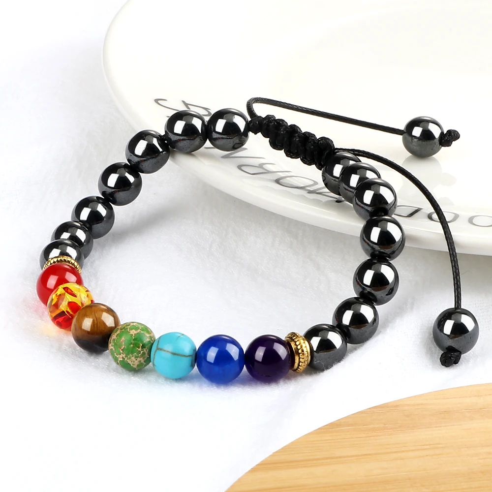 Healing 7 Chakra Beaded Bracelets Men 6 8mm Hematite Engery Stone Yoga Bangles Women Black Gallstone Health Protection Jewelry