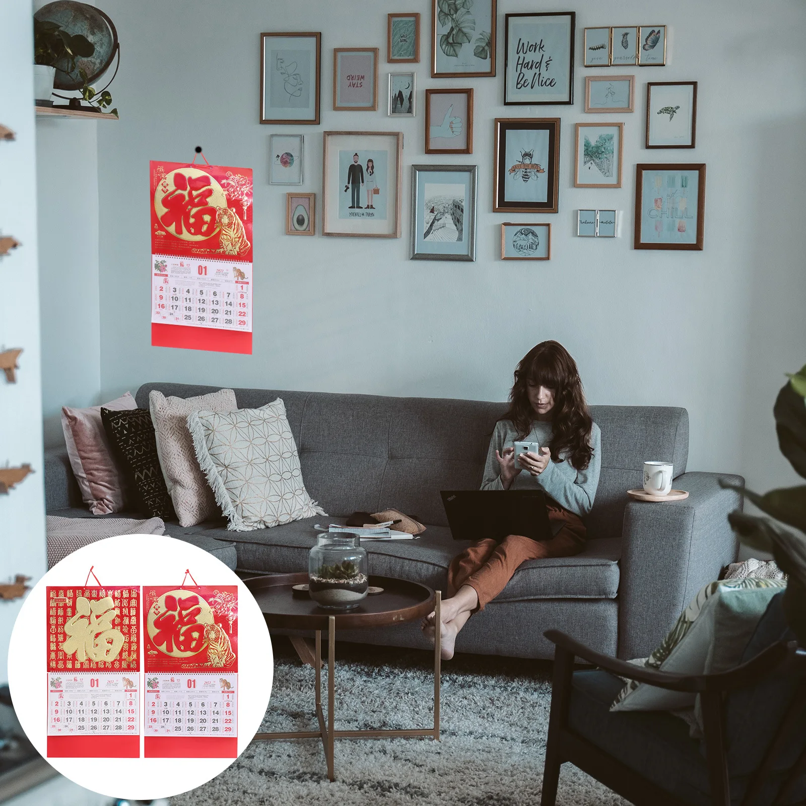 

2Pcs 2022 Chinese Calendar Traditional Wall Hanging Home Use Exquisite Design Detailed Festivals Traditional Chinese Calendar