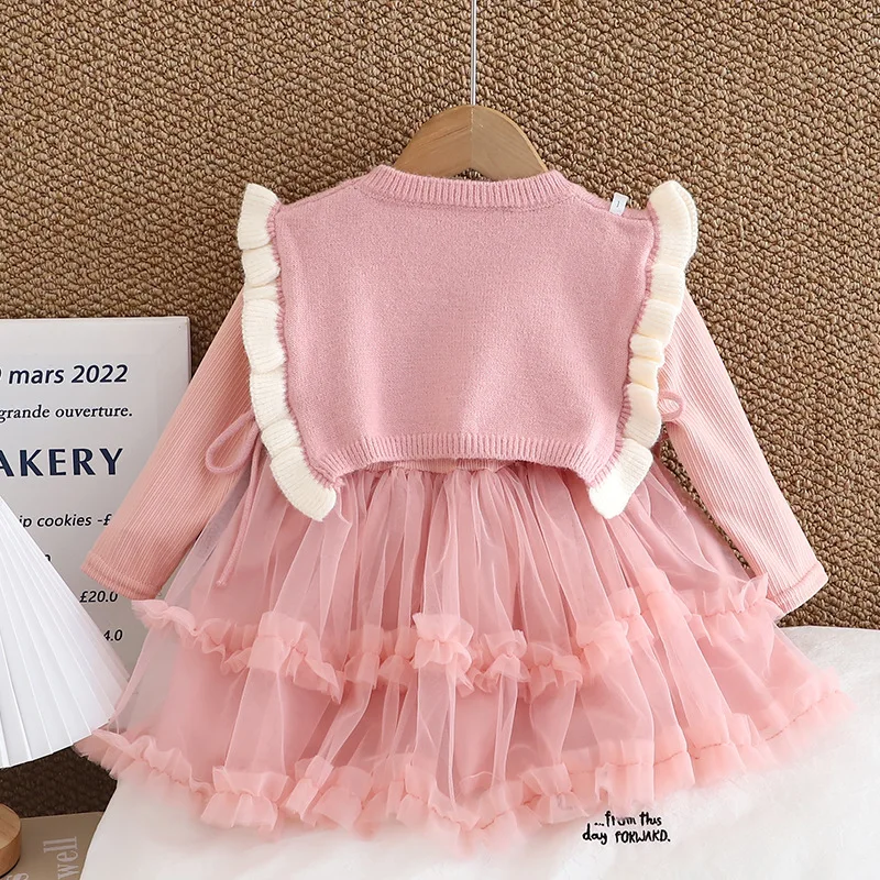 Autumn Girls Clothes Sets Sweater Vest Tops Long Sleeve Dress Sets Children Suits Kids Girls Princess Tulle Dresses Spring Suits