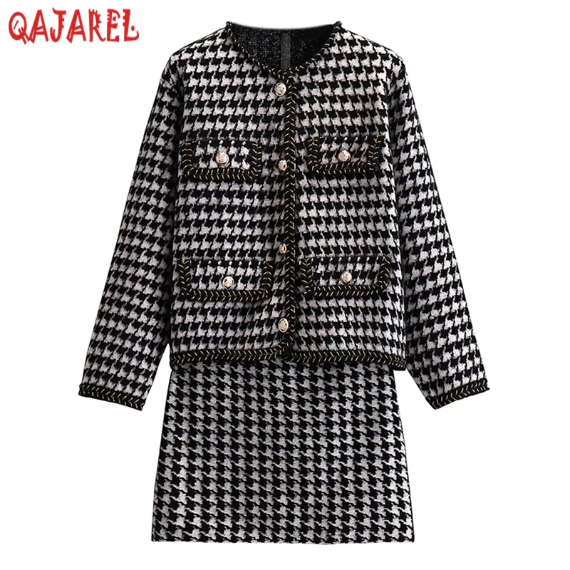 Autumn Winter Black Bird Lattice Long Sleeve Cardigan+Mini Half Lenth Skirt Two Piece Sets 2024 Women Korean Elegant Casual Sets