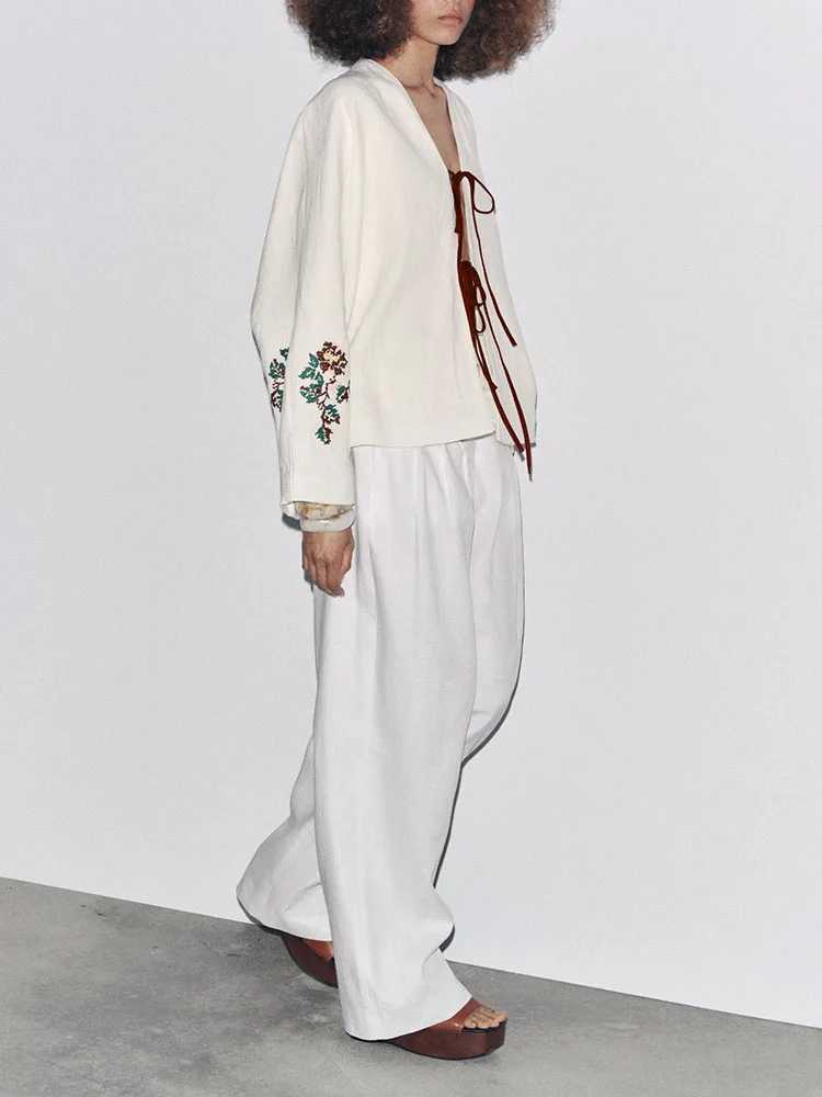 

Ele Long Sve Embroidered Knot Decorated Women's Outerwear Autumn New Arrival Commute Sle Loose Fit Knitwear