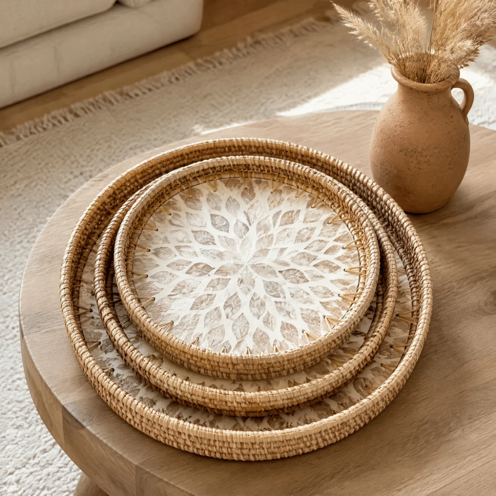 Storage Tray Handmade Rattan Tray Round Creative Decorative Tray Easy-Clean Space-Saving Rattan Serving Tray Living Room