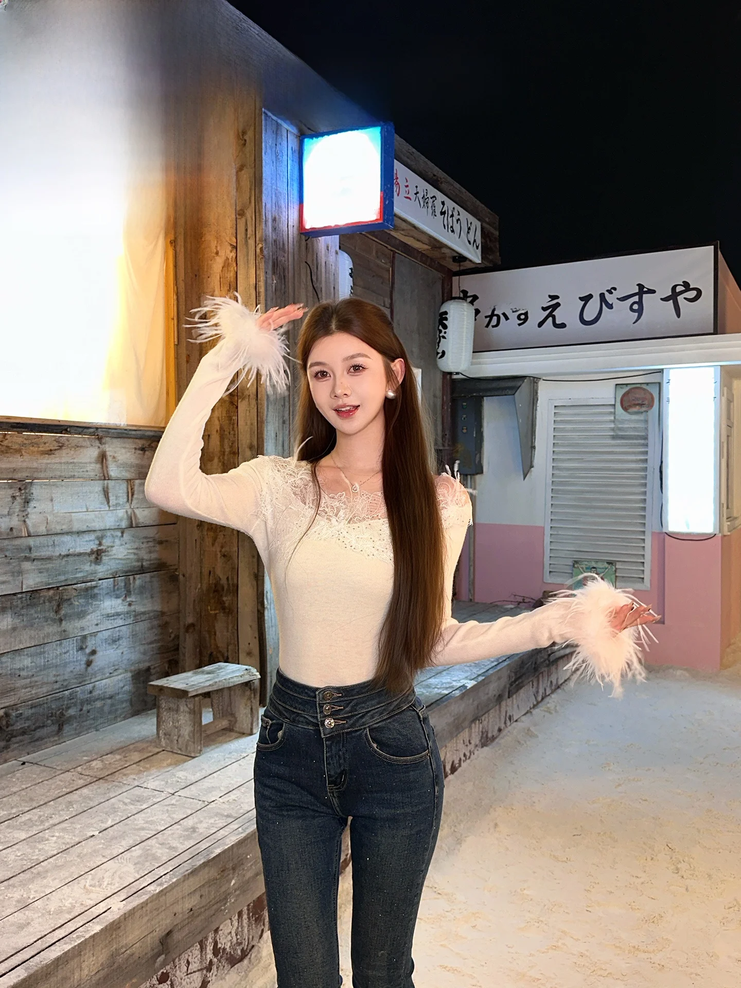 

AZZHEN Lace Base irt Wool Knitted Women's Autumn Winter New Sle Very Fairy Heavy Work Lace Knitwear round Ne Long Sve