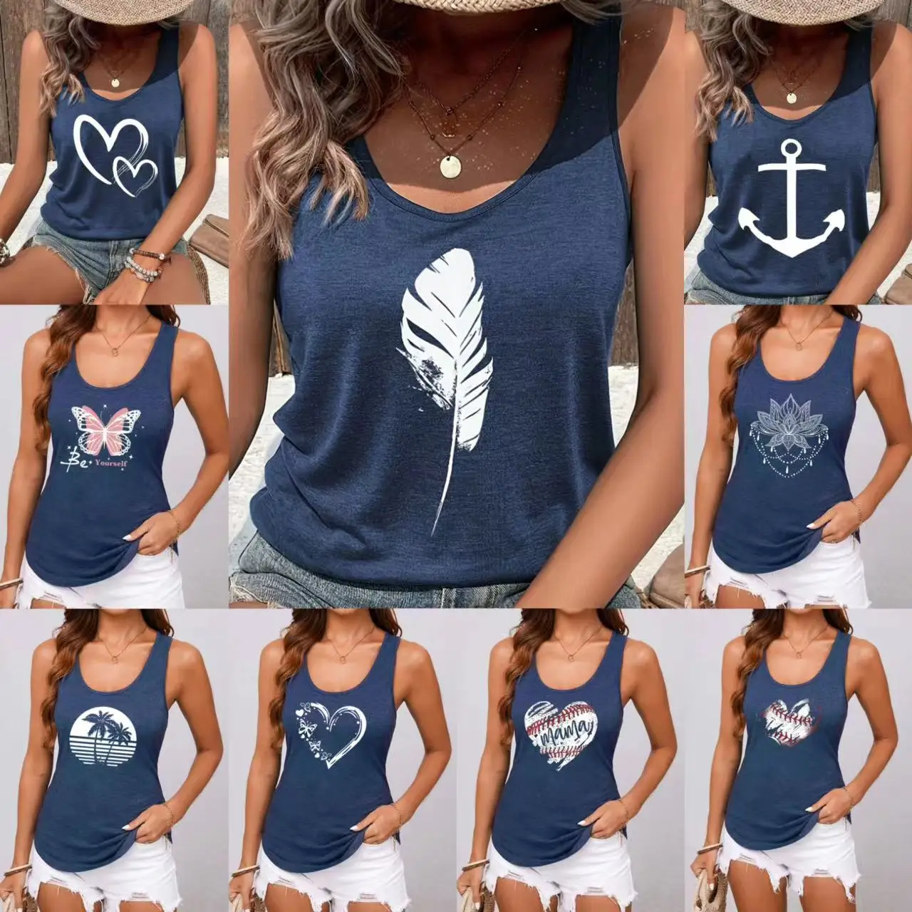 New women's casual vest for summer, a variety of print styles, sleeveless resort-style blue vest, women's