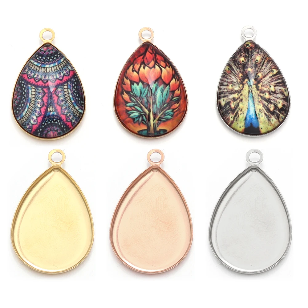 

10Pcs Stainless Steel Waterdropped Rose Gold 25mm Blank Bezel Pendant Cabochon Base For DIY Jewelry Making Necklace Acccessories