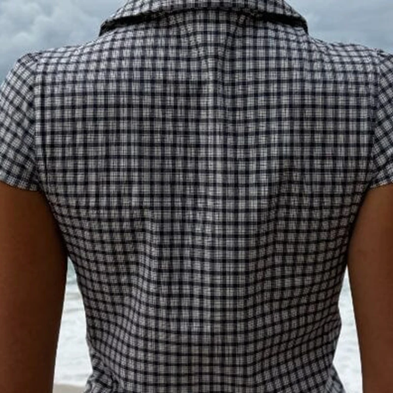 

Женская рубашка на пуговицах в стиле ретро, повседневная клетчатая рубашка с короткими рукавами и принтом, блузка для уличной эстетичной одежды