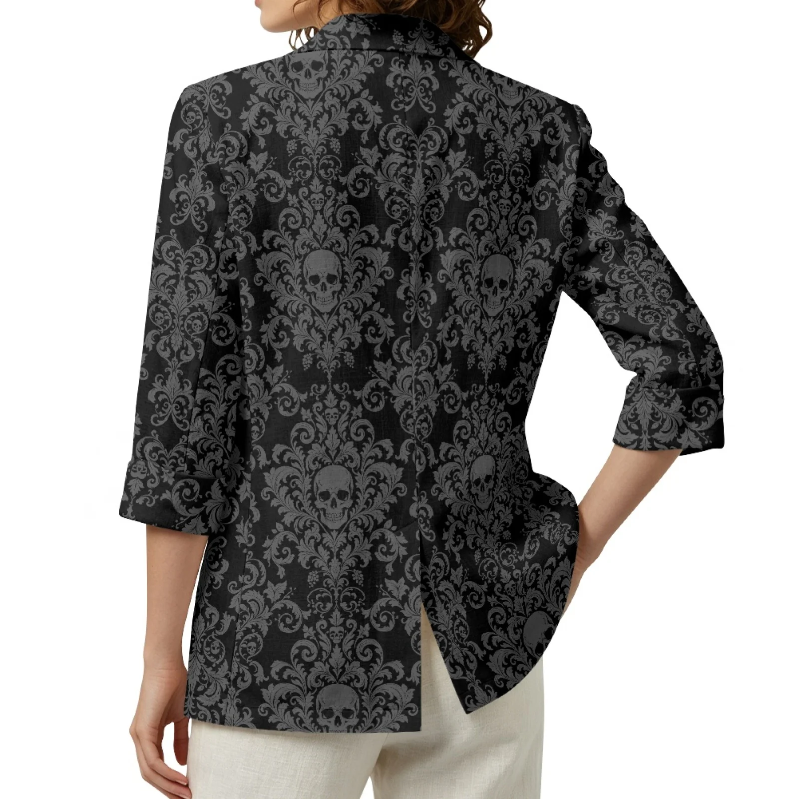 PENSTROLL Sugar Skull Linen Style Open Front Button Cardigans, Loose Fall Outerwear for Women S-3XL, Lightweight Beach Jackets