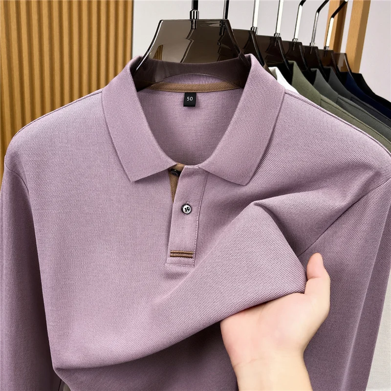High Quality solid color long sleeve polo shirt men luxury fashion autumn new lightweight comfort business casual lapel T-shirt