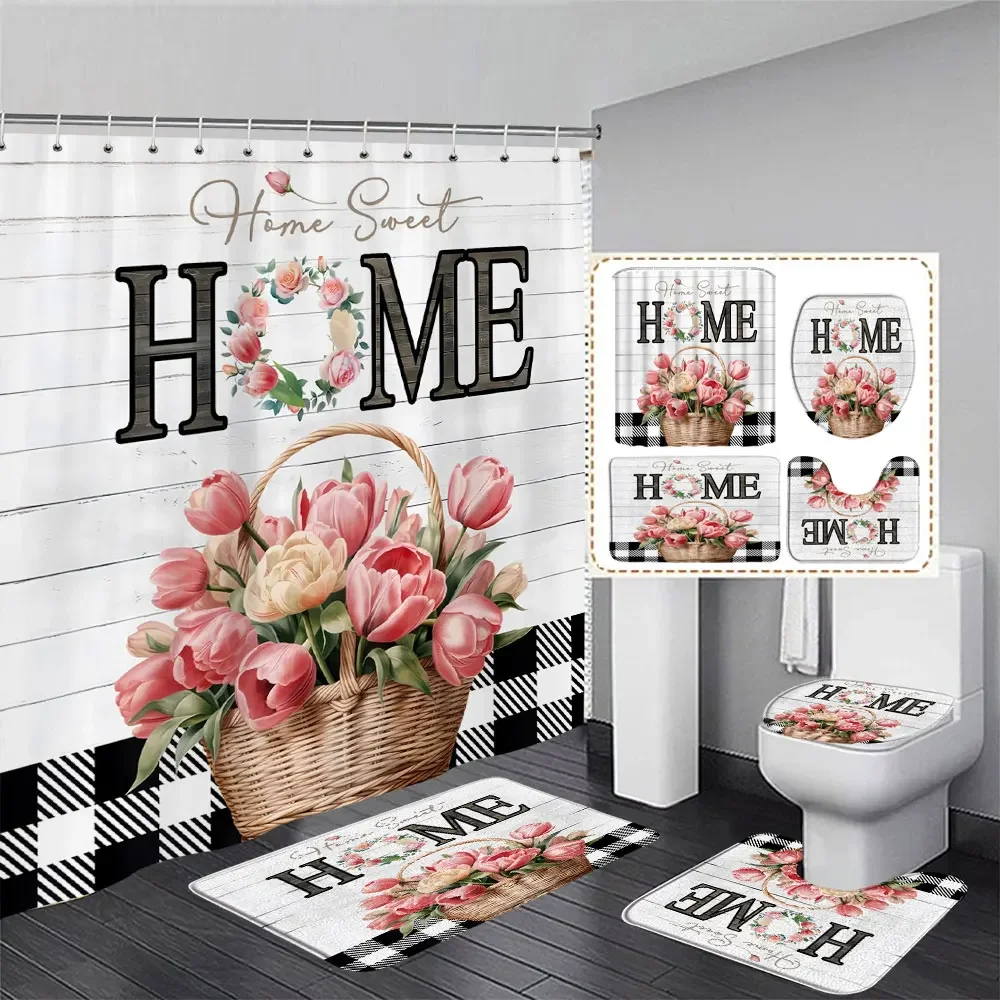 Tulip Flower Basket Rustic Wood Panel Shower Curtain and Rug Bathroom Set Home Washable Hanging Curtain Bath Mats Bathroom Decor