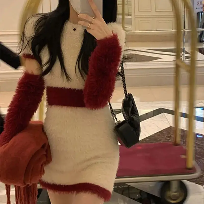 

2024 Imitation Mink Velvet Knitted Sleeve Dress Warm Knitted Suit Women Slim Crop Tops Mini Skirt Design Club Party Korean