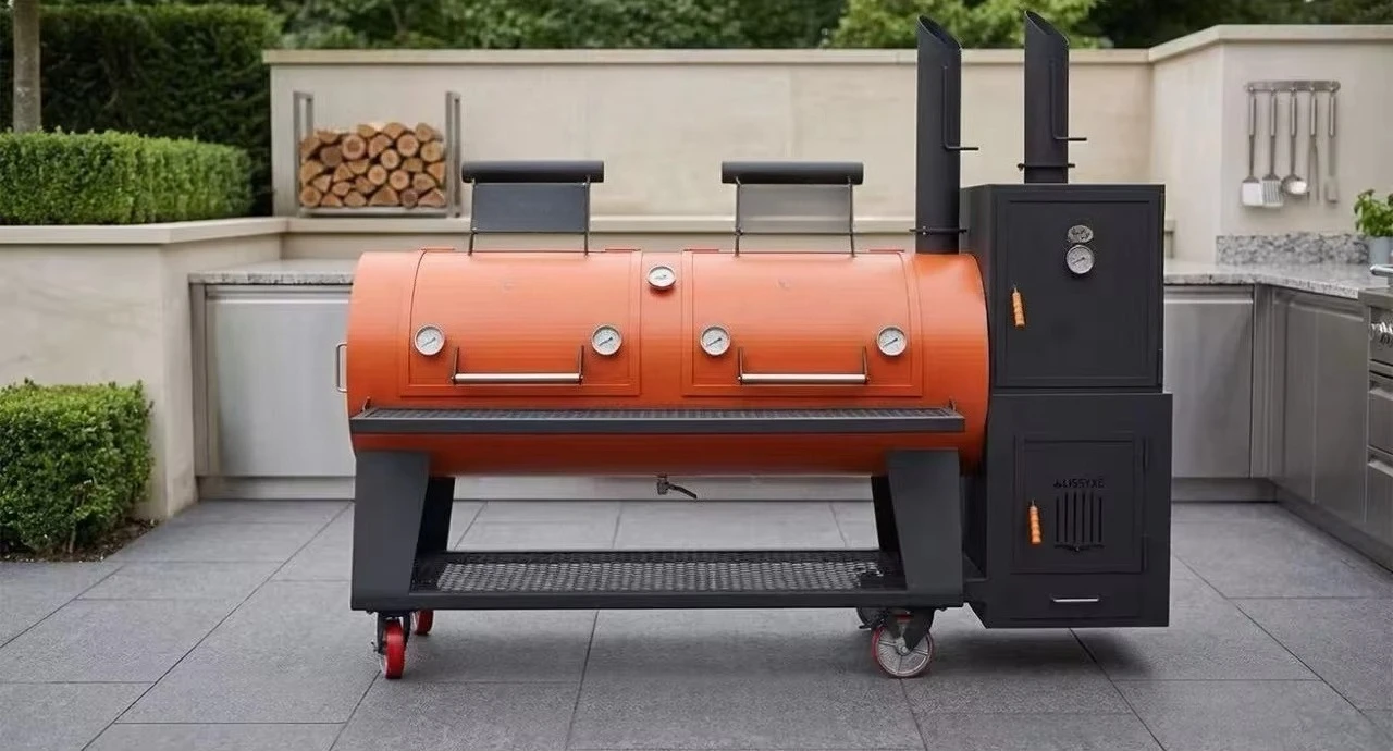 American Offset Smoker Grill, Outdoor Patio Wood & Charcoal BBQ Cooker, Large Dual-Chamber Horizontal Barbecue Smoking Equipment