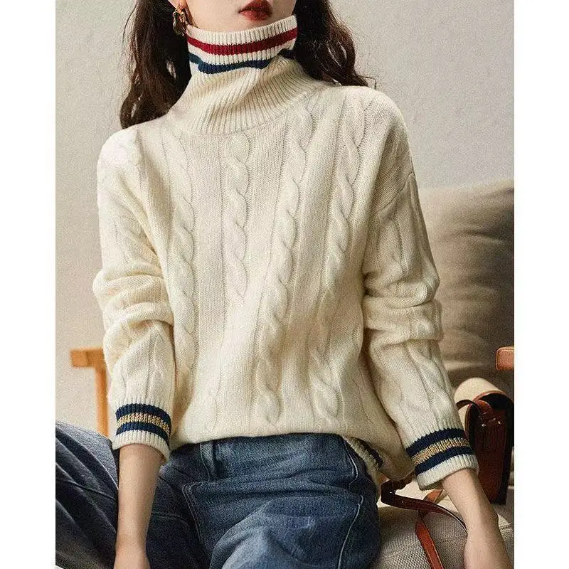 Green splicing contrasting color knitted sweater 2025  new thickened fashionable bottoming top in autumn and winter