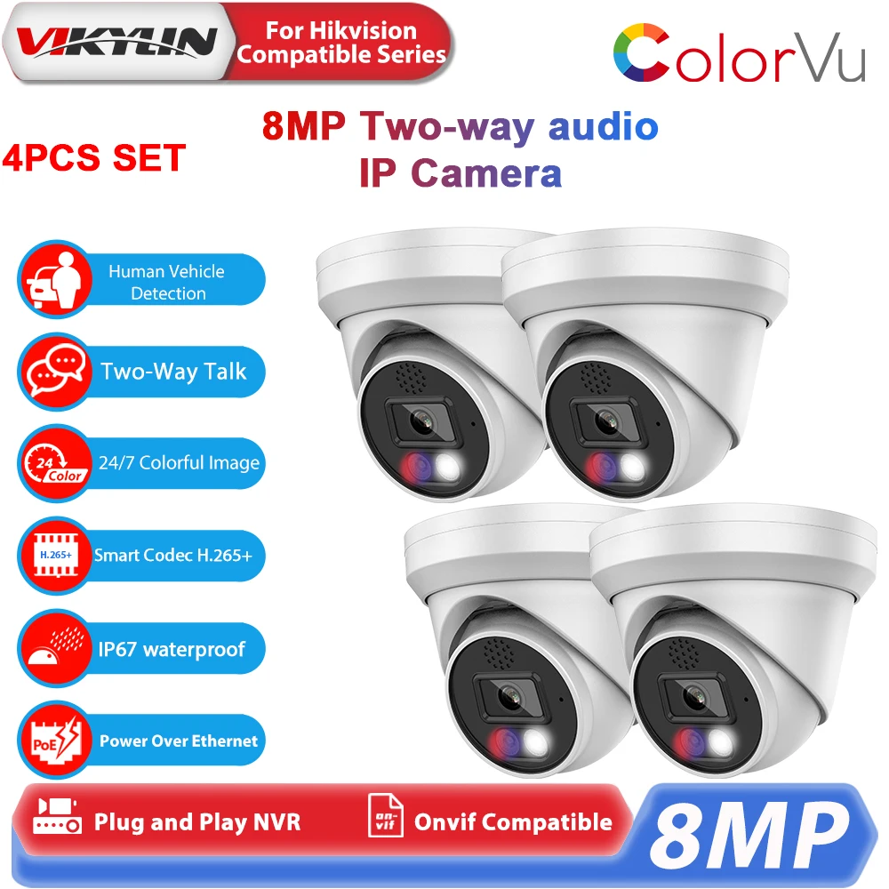 Vikylin 8MP Home CCTV IP Camera for Hikvision Compatible Two-way audio MD2.0 Outdoor Security Surveillance Onvif IP66 POE Camera