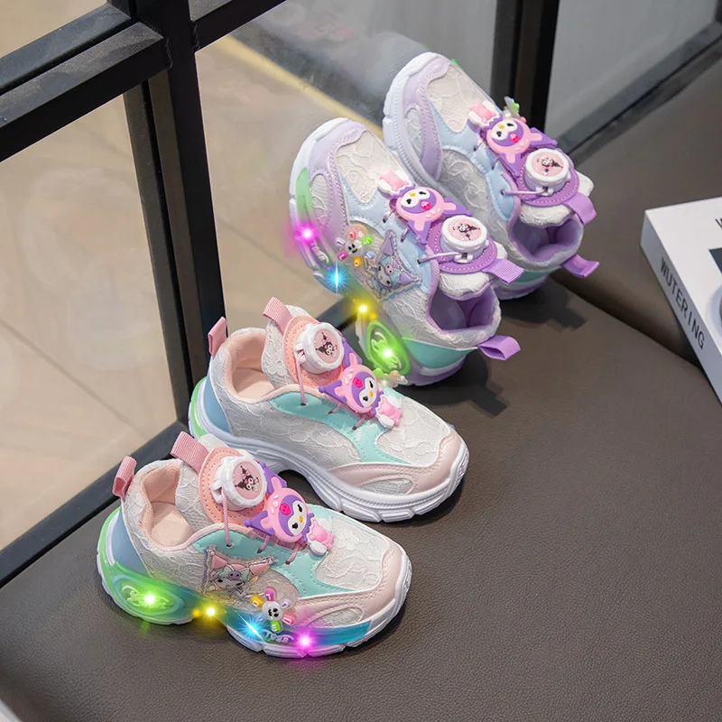 Sanrio Cute Kuromi Casual Shoes for Baby Girl Children Led Light Sneakers Kids Shoes Toddler Walking Shoes Kids Anti-slip Shoes