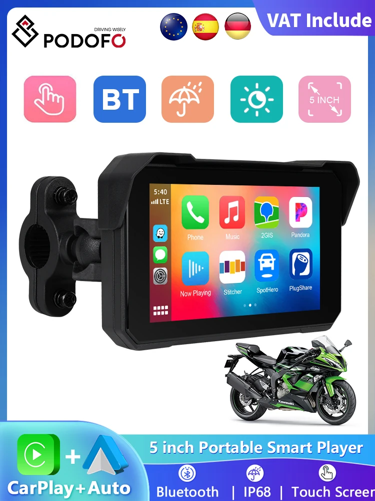 Podofo 5 ''Moto Portable sans fil CarPlay Android Auto pour moto lecteur intelligent GPS Navigation IP68 étanche EQ BT 5.0