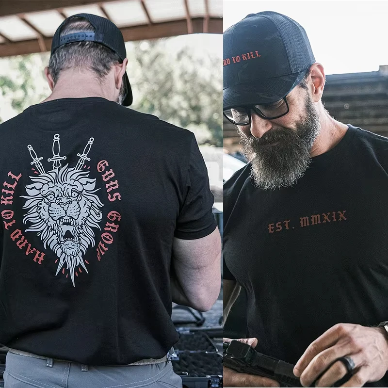 Military Tactical Lion Head with Daggers Illustration Graphic Tee Cotton Mens Womens T-Shirt Summer Outdoor Casual Top