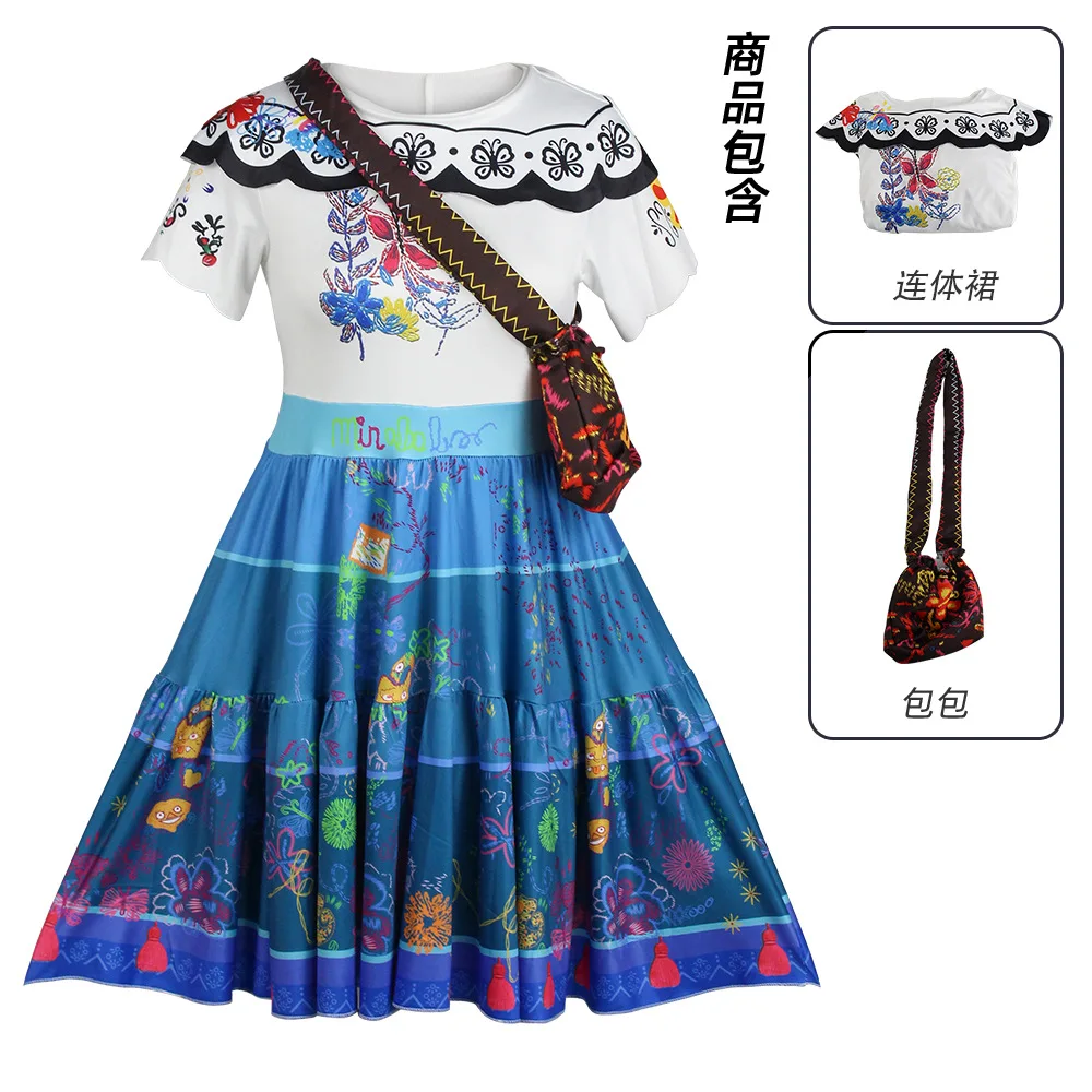 Mexican Princess Dress Mirabel Cosplay Costume White Blue Dress With Bag Women Girls Halloween Role Play Outfit Birthday Gift view 2