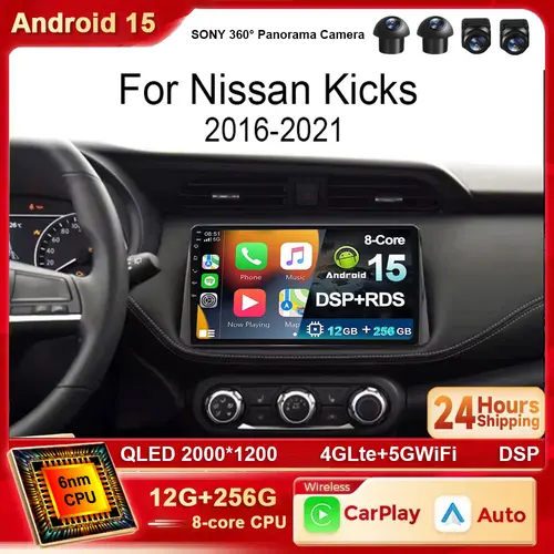 Imagen 1 del producto Android 15 Carplay Auto para Nissan Kicks Micra P15 2016 - 2021 4G WIFI Radio de coche reproductor de vídeo Multimedia navegación GPS No 2Din
