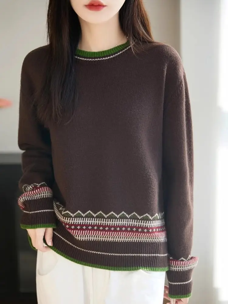 Faionable Color Blo redondo Ne suéter de punto mujer suelta Fair Isle Vintage prendas de punto versátil Anti envejecimiento Base irt