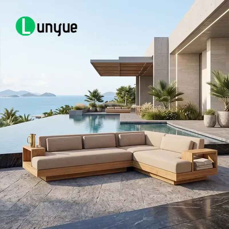 Solid Teak L Shaped Outdoor Sofa Modern Waterproof Upholstery Free Combination Patio Furniture for Villa Hotel Garden
