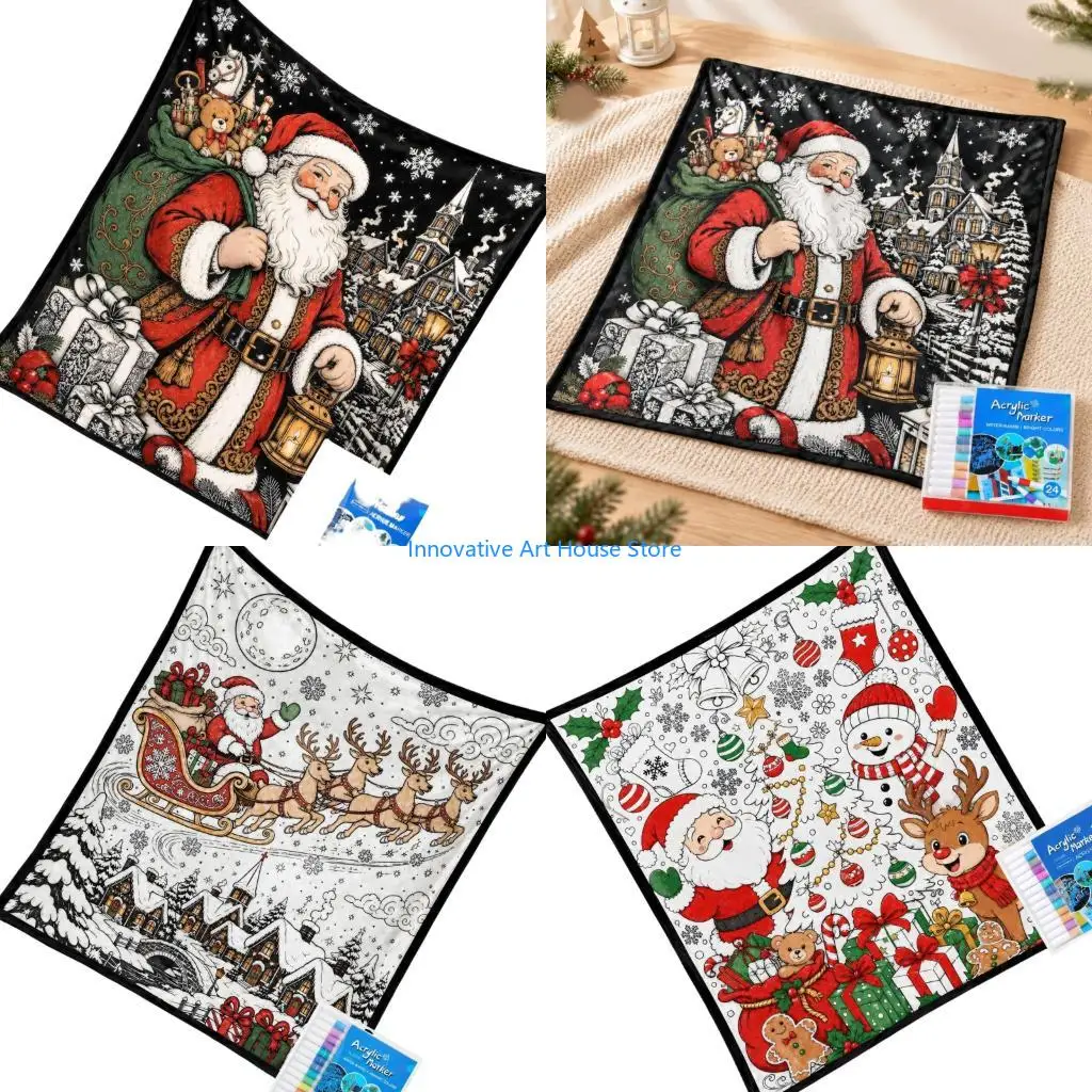 E1PC Coloring Christmas Throw Blanket DIY Fleece Throw with Personalizable Artwork, Polyester Flannel Body and Routine Gentle