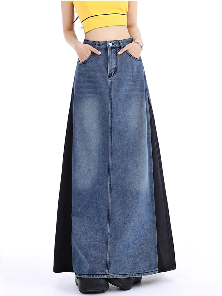 

Casual High Waisted Contrasting Color Patchwork Denim A-Line Skirt 2024 New Korean Fashion Women'S Clothing