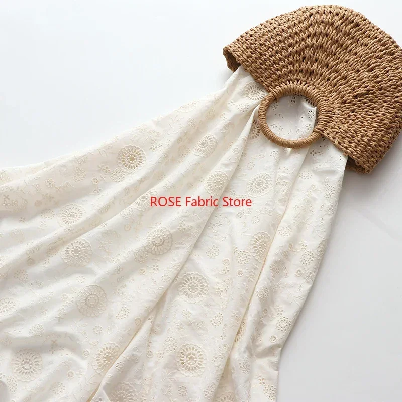 Off-white Cotton Hollow Embroidered Fabric for skirts, Gown, dress, blouse, tops, table cover, costumes design