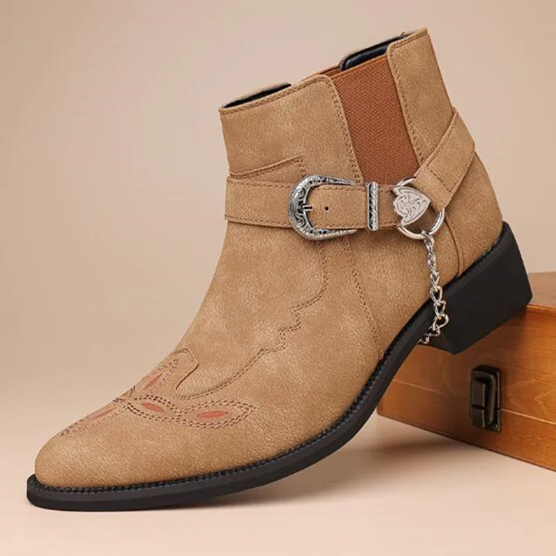 Botas de Vaquero Retro Vintage para Hombre 2026 de Marca de Moda, Botines de Cuero de Caña Alta con Cadena y Hebilla, Zapatos Punk con Punta Puntiaguda, Botas de Motero