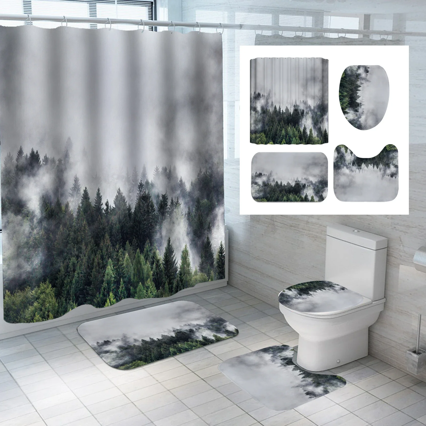 

Smoky Mountain Forest Shower Curtain Set with Non-Slip Rug Toilet Lid Cover Bath Mat Foggy National Park Waterproof Bathroom Set