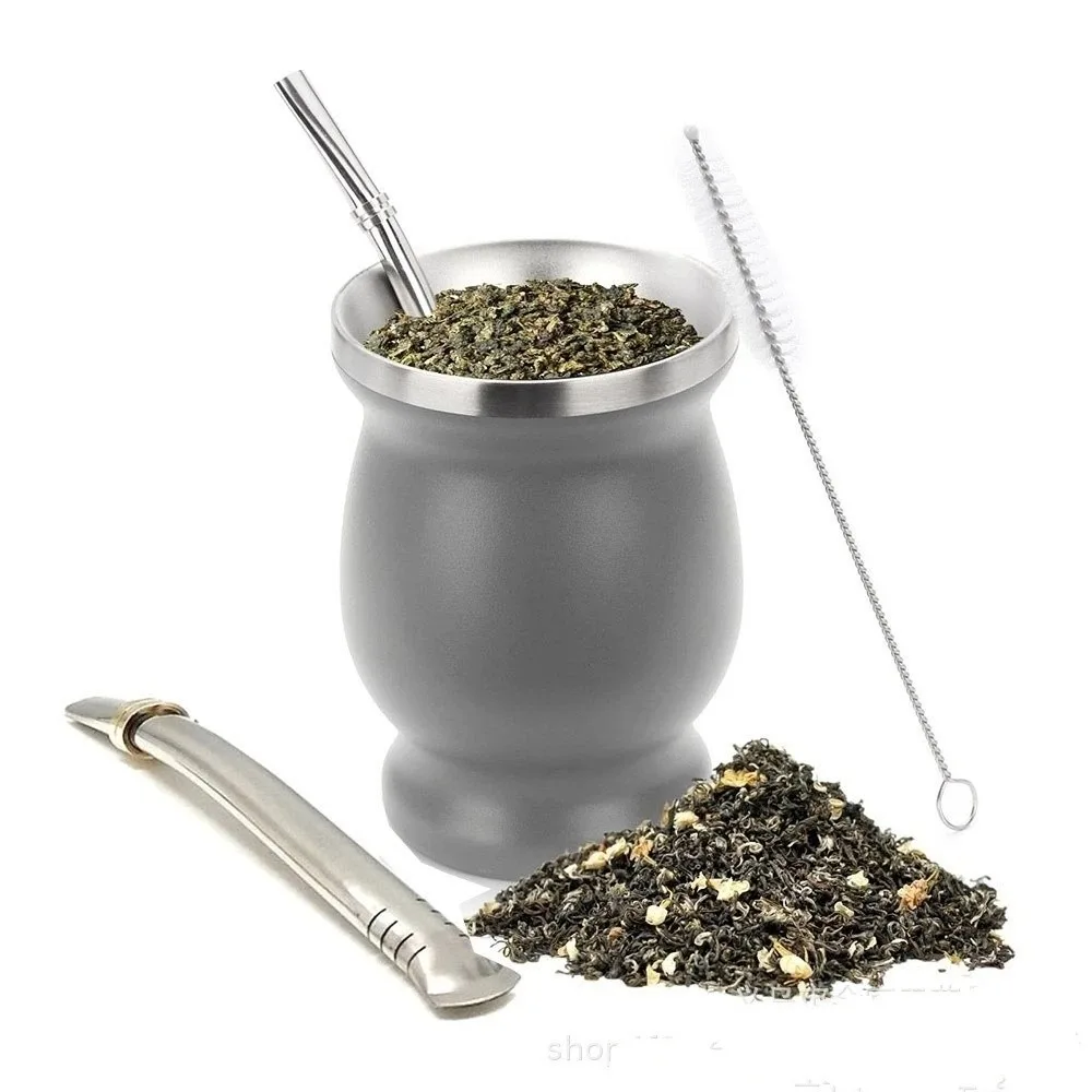 

Fashion 230 ML Yerba Mate Cup Double Wall Stainless Steel Straw Cup with Cleaning Brush Reusable Gourd Cup Office