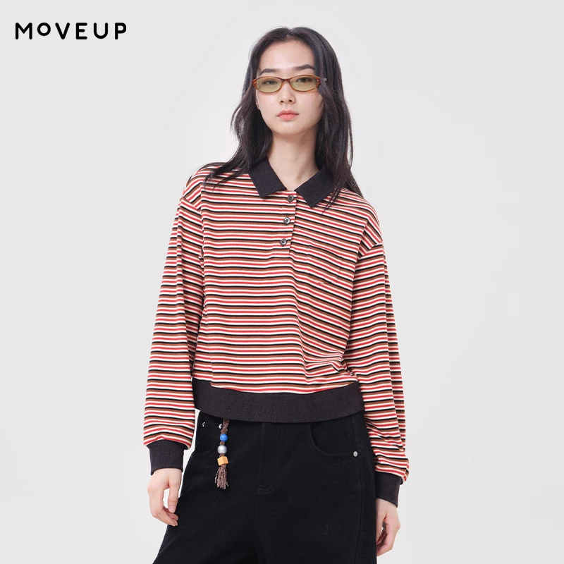 MOVEUP Women Long Sleeve Tops FUN Series Contrast Color Lapel Striped Cropped T-shirt 2026 Winter Casual Warm Clothing 3ELD10534