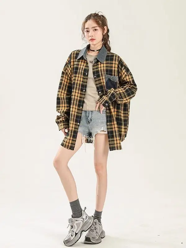 

Ретро-рубашка в американском стиле из денима в клетку с длинным рукавом, свободного кроя, осенняя, универсальная, для пар, с воротником-стойкой, из полиэстера