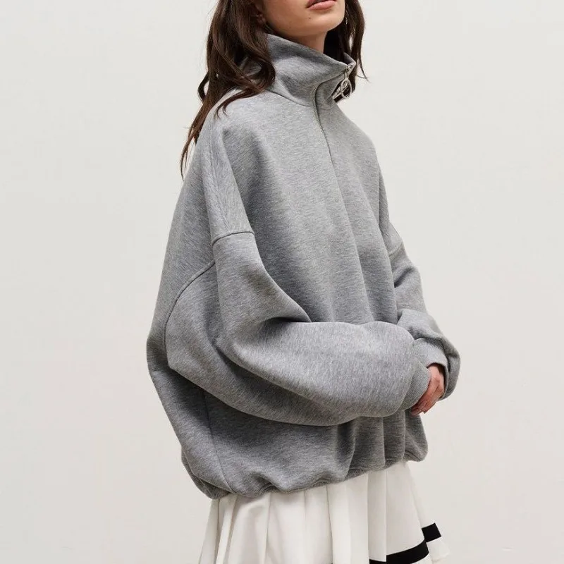 

2025 Collar Zipper Hoodie European and American Autumn/Winter Street Trend Loose Casual Lazy Style Zipper Hoodie Female Clothing