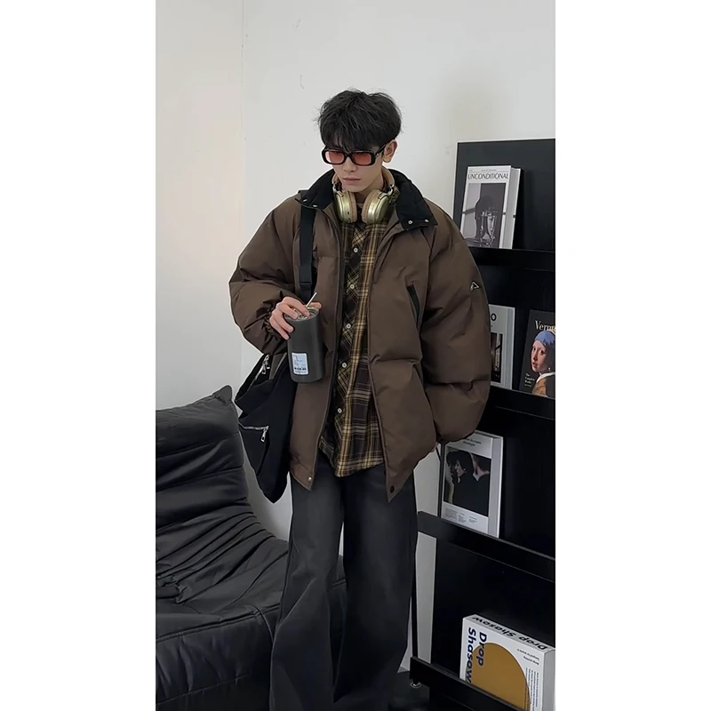 American Retro Workwear Cotton Jacket Men's Winter Thick  Color down Coat Short Stand Collar Bread Style Warmth