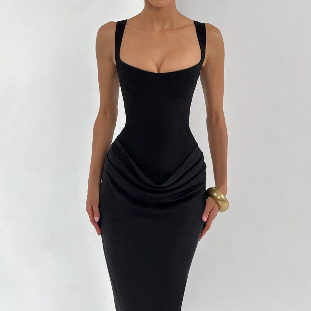 Vestido de fiesta de satén plisado para mujer, largo, sirena, tirantes finos, cuello cuadrado, vestido de fiesta formal maxi