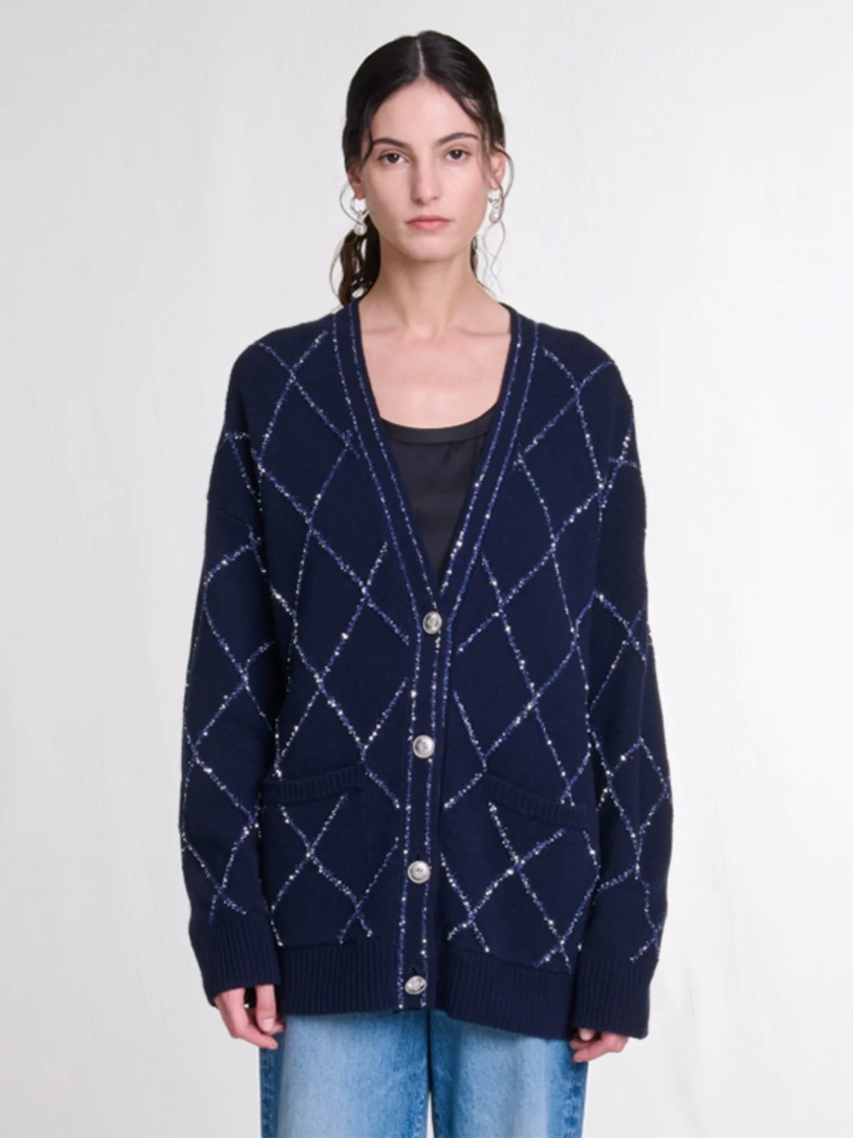 

MasandeM Deep Blue iny Plaid V-Ne Open Cardigan Knitted Sweater Women's Faion Autumn Winter New Arrival Casual Sle