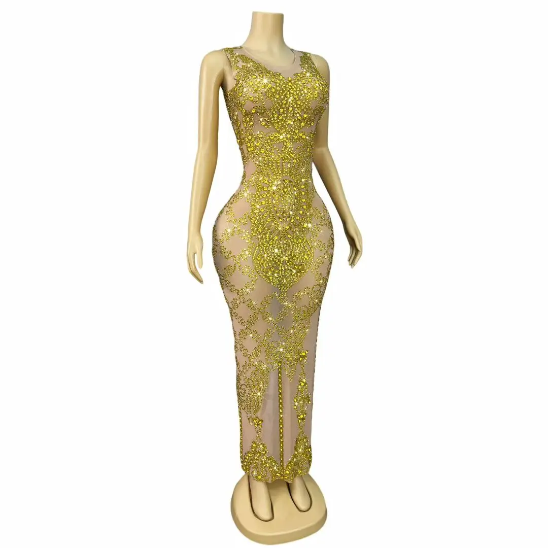 Dajin 2025 Luxury Dubai Evening Gowns Gold Diamond Sexy Mesh Transparent Dress Homecoming Cocktail Birthday prom Party Dress