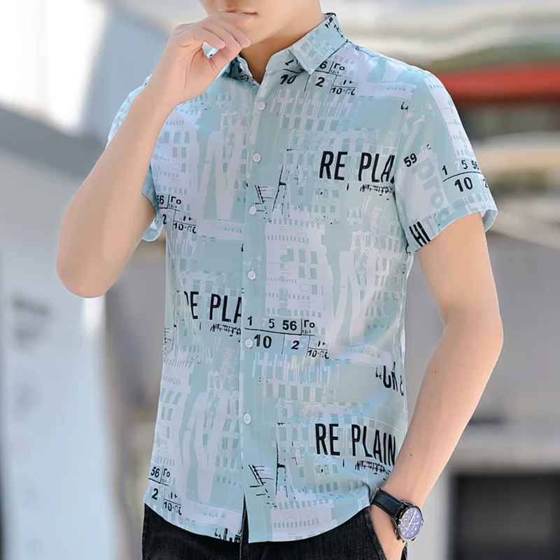 Men\'s Clothing Turn-down Collar Printing Summer Short Sleeve Button Contrast Color Cardigan Shirt Letter Casual Formal Tops