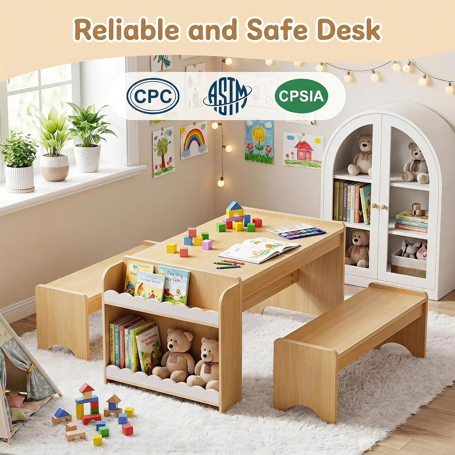 Wooden Toddler Activity Table & Bench Set with Bookshelves 37x22 Inch Desk for Home & Classroom, Customized
