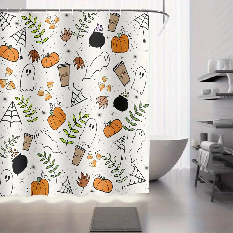 Halloween Shower Curtain Cute Ghost Pumpkin Waterproof Fabric Bathroom Decor Spiderweb Candy Corn Bath Screen With Hooks