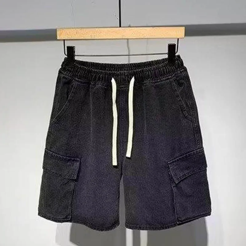 Summer Men's Workwear Elastic Waist Denim Shorts Capris New Casual Big Pockets Loose Drawstring Denim Short Pants