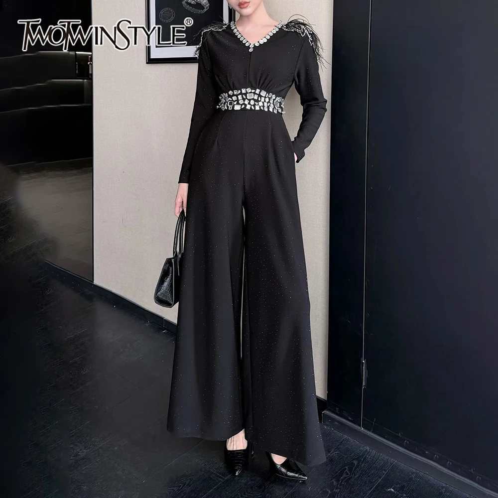 

TWOTWINSTYLE Black Spliced Diamonds Chic Jumpsuit Female V Neck Long Sleeve Commute Elegant Women's Jumpsuits Autumn New Fashion