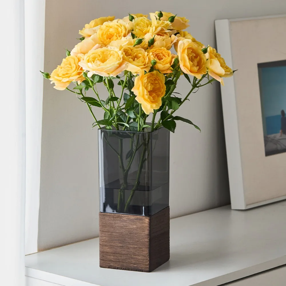 Nordic-Style Acrylic Flowers Vase Wooden Base Transparent Light Luxury Vase Minimalism Square/Round Decorative Vase Living Room