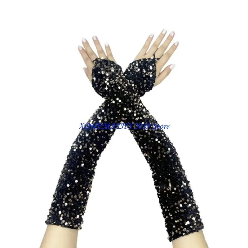 

F42F женские перчатки для вечернего ужина с блестками, элегантные белые перчатки без пальцев, женские перчатки с блестками