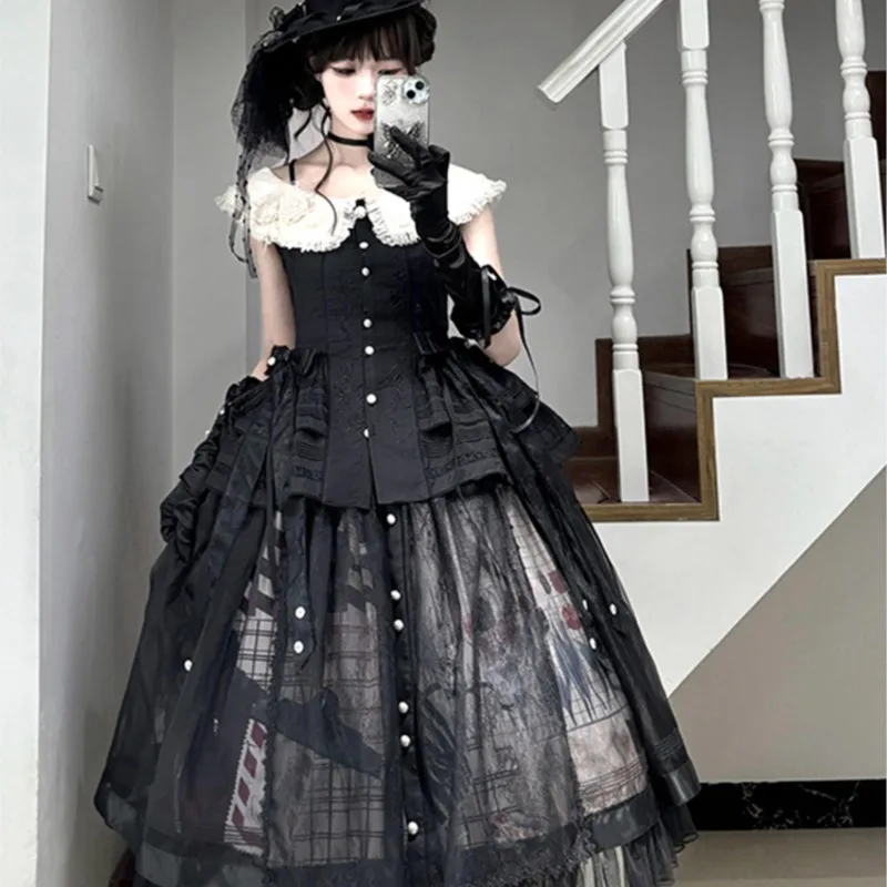 

Halloween black Gothic embroidered top half skirt split suit dress