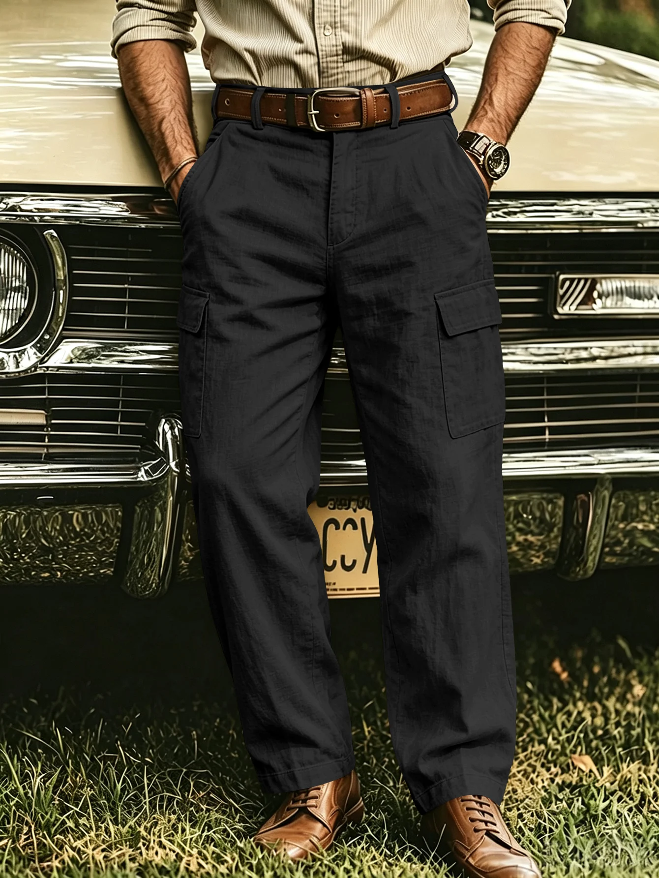 Neue Frühlings- & Herbst-Herrenhose aus Leinen, Cargo-Hose mit Mehreren Taschen, Gerade Geschnittene Lockere Outdoor-Freizeithose – Detail 4
