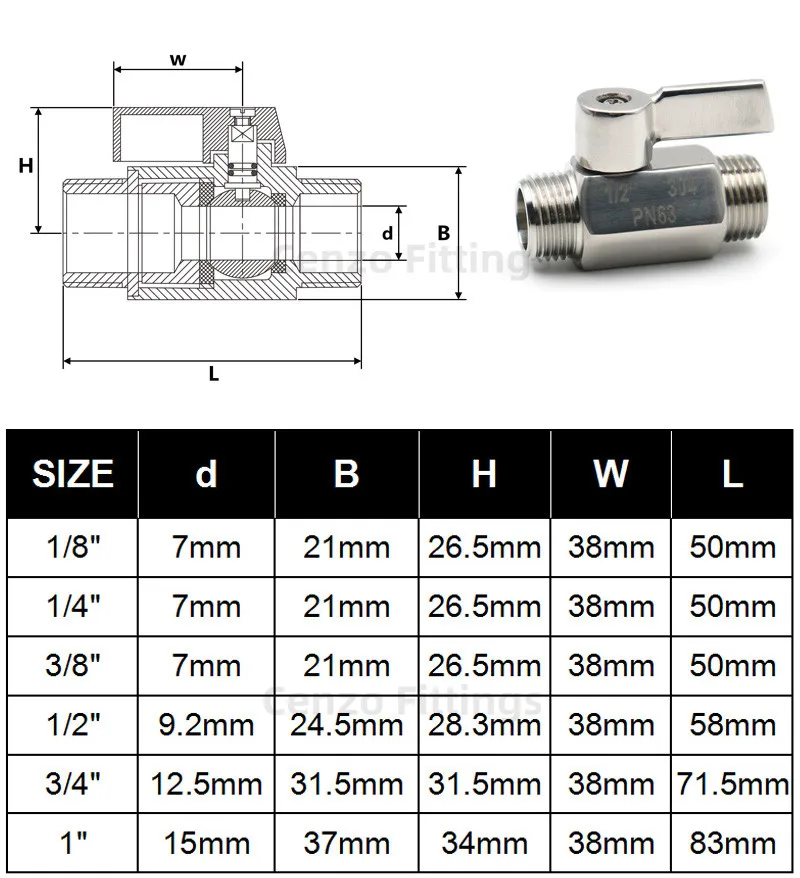 Magnetventil 304 Stainless Steel Mini Ball Valve Sanitary 1/8 1/4 3/8 1/2 3/4 BSP NPT Female Male Thread Water Oil 2 Way Ball Valve H Wasser und Dampf — Detail 3