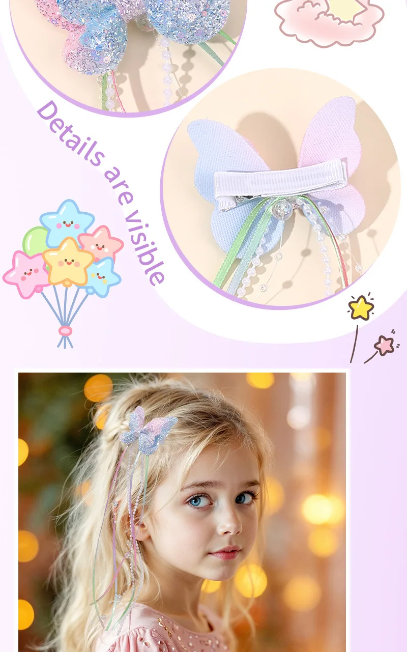 2 Stück niedliche Haarspangen mit Farbverlauf und Schmetterlingsmotiv für Mädchen, glänzende, lange Quasten und Schleifen, Haaraccessoires im süßen Prinzessinnen-Stil. – Detail 4